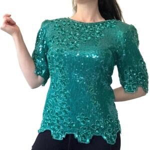 Scala Vintage Deadstock Green Sequin Silk Blouse Size Medium